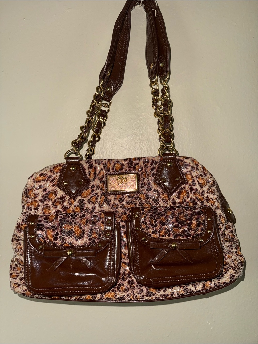 Brown Snake-Print Satchel Handbag with Chain Straps
